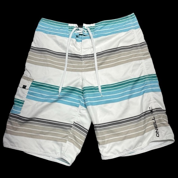 O’Neill White 33 Mid-Rise Santa Cruz Striped Board Shorts 10” Inseam in EUC - Picture 1 of 7